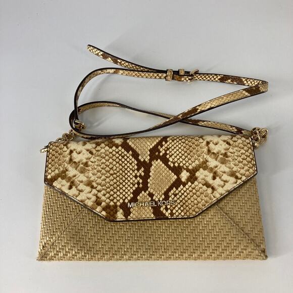 MICHAEL KORS SMALL STRAW AND LEATHER SNAKE PRINT CROSSBODY - Picture 1 of 10